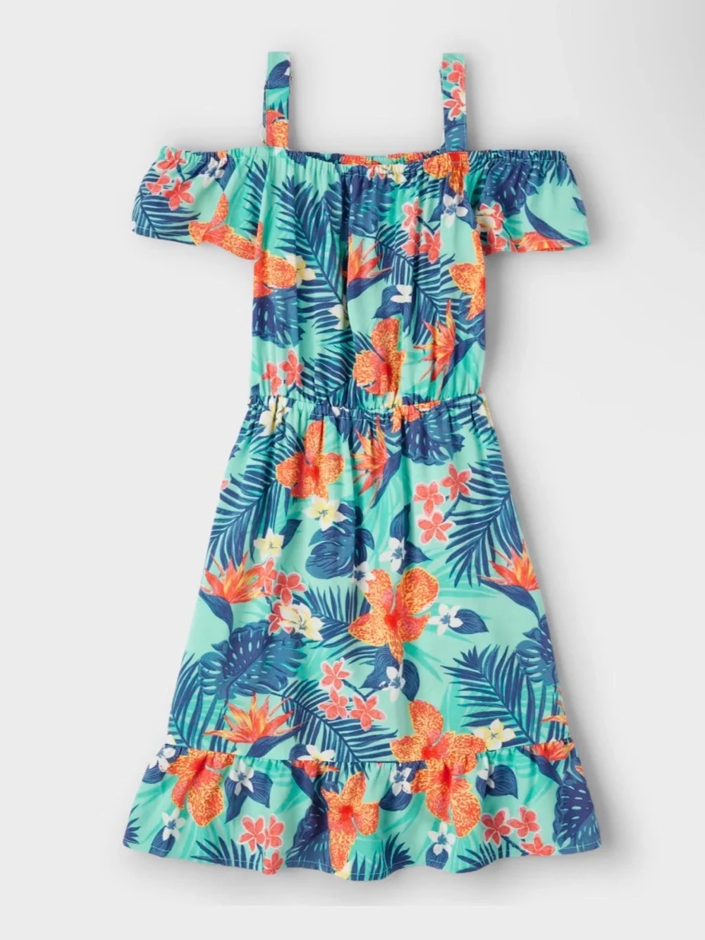 The Children’s Place Girls Tropical Off Shoulder Dress - Aqua